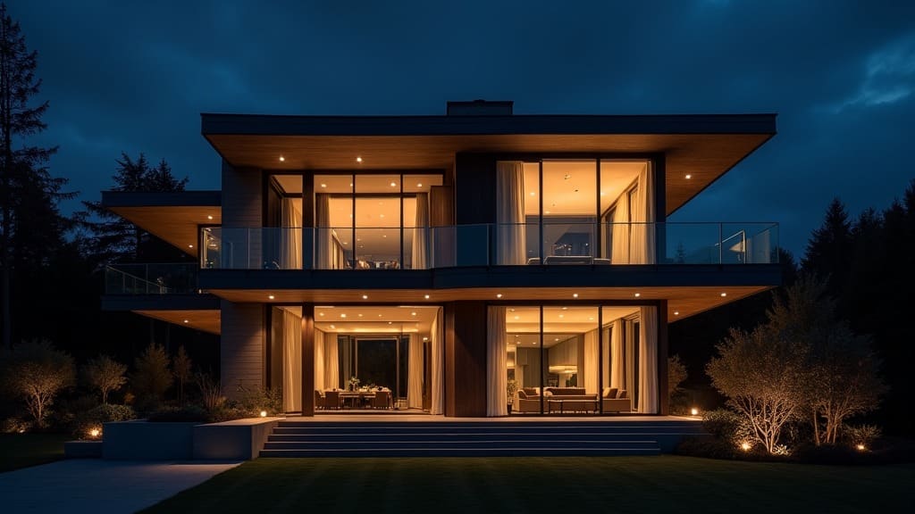 A two-story modern luxury home at night, every window glowing warm against a deep blue-black sky