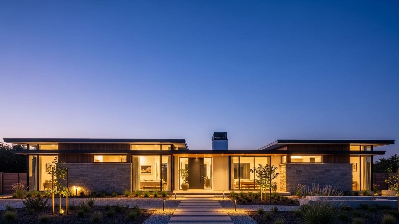 A single-story modern home lit warmly from within at dusk under a deep blue sky, with a lit path to the front door